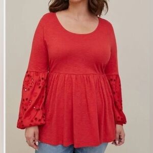 Torrid Plus Size 4X Red Eyelet Sleeve‎ Babydoll Top Women’s